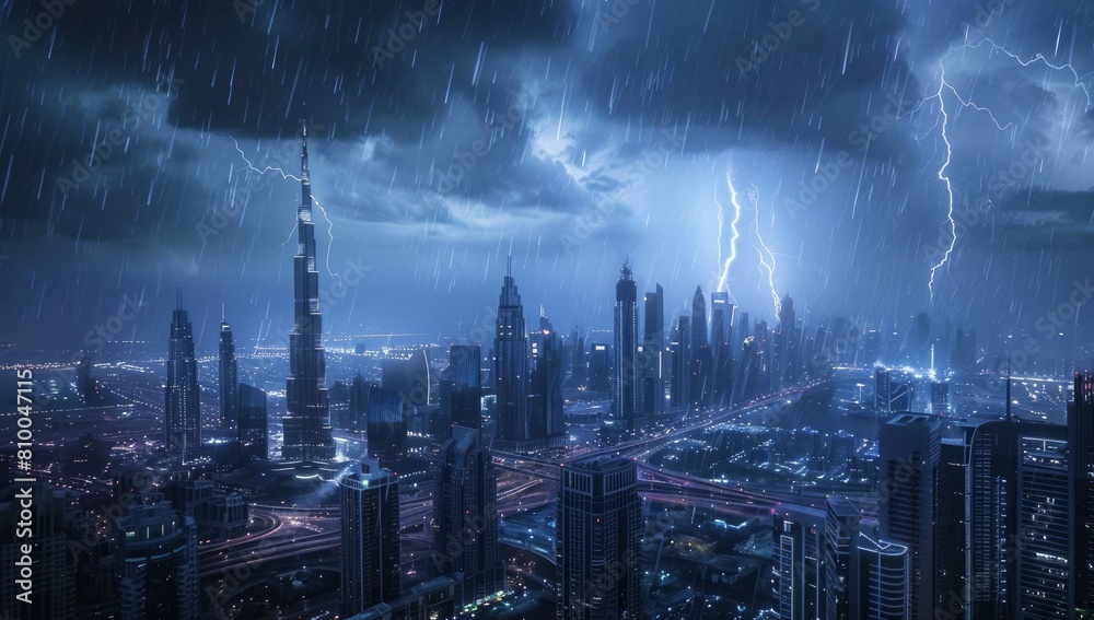 Fototapeta premium extreme rainstorm in Dubai with lightning and thunder on skycrapers background