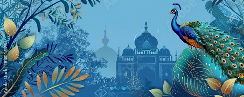 Peacock and palace arch in the distance  blue background with ornate border pattern and plants in Indian style