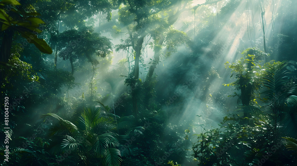 A serene morning in a cloud forest, with mist gently enveloping the dense foliage and soft light filtering through the trees A serene morning in a cloud forest, with mist gently enveloping the dense foliage and soft light filtering through the trees