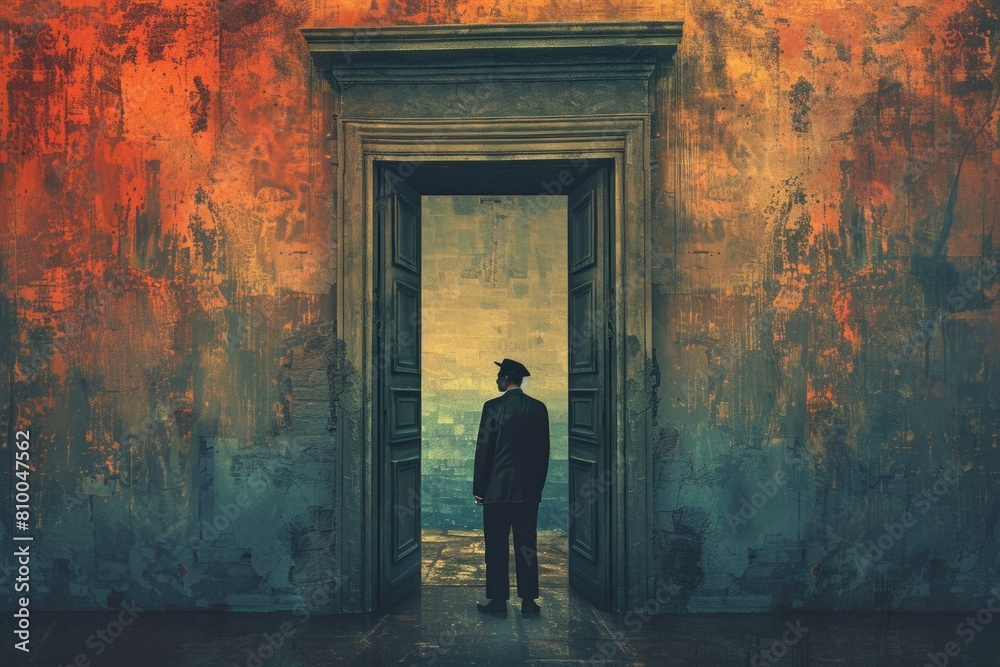 A man standing in front of an open door. Suitable for various concepts and designs A man standing in front of an open door. Suitable for various concepts and designs