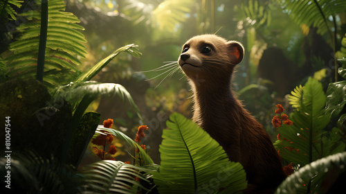 A curious mongoose exploring a hidden path amidst the lush greenery of the jungle. photo