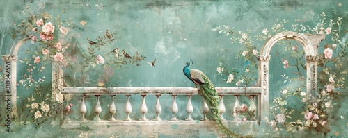 Vintage wallpaper of a Parisian Chinoiserie Garden with a peacock, flowers and birds in pastel green tones, a white marble fence, arches, a garden, rococo, Asian art, a romantic scenery,  watercolor
