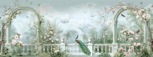 Vintage wallpaper of a Parisian Chinoiserie Garden with a peacock, flowers and birds in pastel green tones, a white marble fence, arches, a garden, rococo, Asian art, a romantic scenery,  watercolor photo