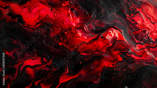 Vivid scarlet red and black abstract, dramatic and intense alcohol ink swirls with textured oil paint details. photo
