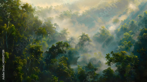 A serene morning in a cloud forest, with mist gently enveloping the dense foliage and soft light filtering through the trees