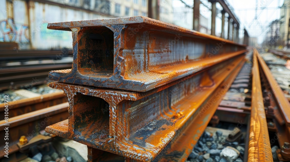 rusted stack of steel beams and girders for construction in industrial area