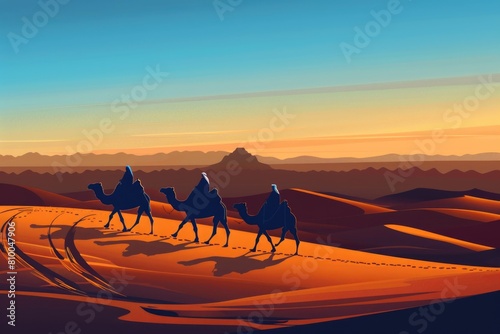 Three people riding camels in the desert. Suitable for travel brochures