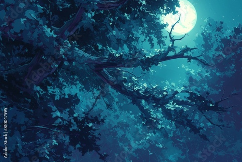moonlit forest illustration with mystical shadows and trees