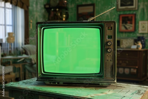 A green screen television placed on a wooden table. Suitable for technology and entertainment concepts