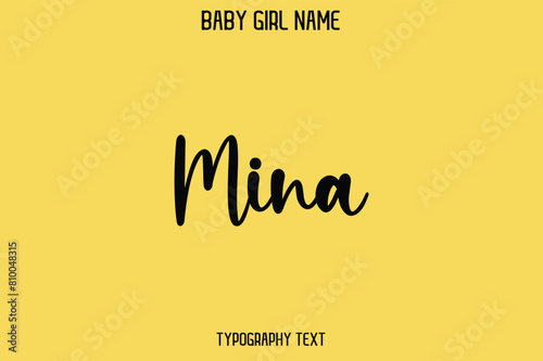Mina Female Name - Cursive Hand Drawn Lettering Vector Typography Text on Yellow Background
