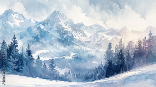 Broad panoramic watercolor of serene snow-covered mountains under a soft morning light