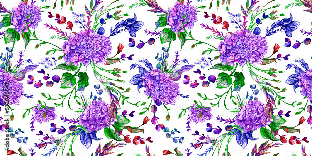 Seamless watercolor pattern drawn in pencil with hydrangeas and summer plants Seamless watercolor pattern drawn in pencil with hydrangeas and summer plants