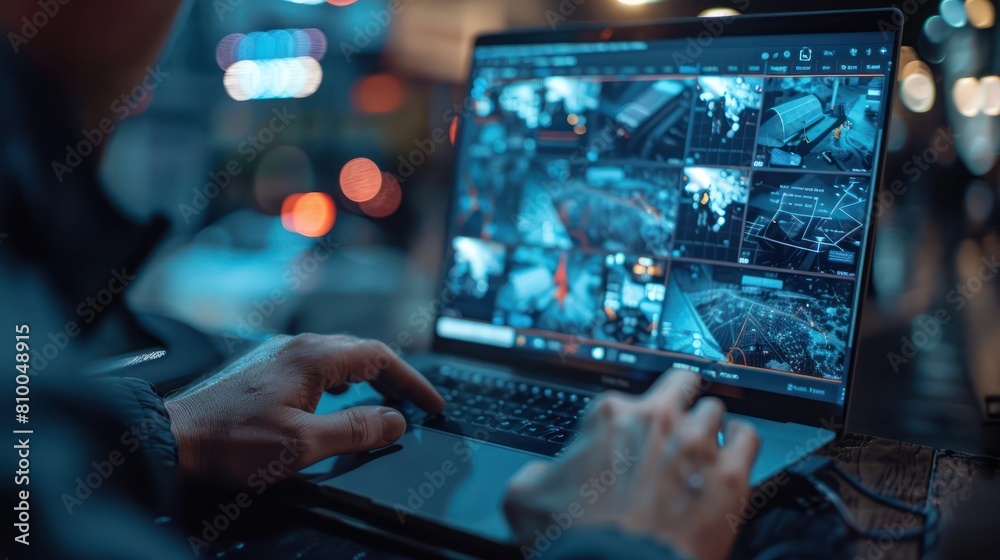 A hacker in a dark room is using a laptop to access a security camera system. A hacker in a dark room is using a laptop to access a security camera system.