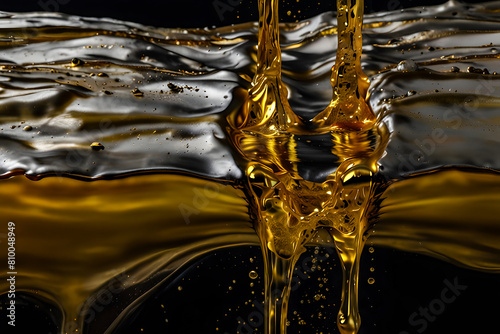Golden fluid pouring on dark surface, mixing gold and black material
