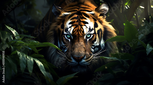 A fierce tiger emerging from the shadows  its eyes fixed on a potential prey in the heart of the jungle.