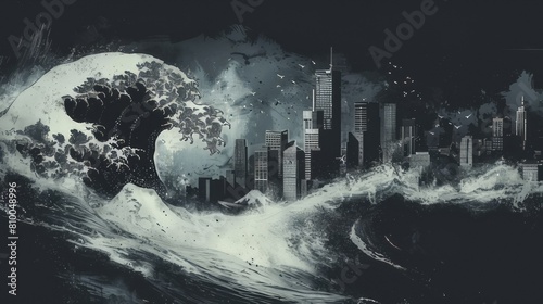 Large Tsunami Wave Approaching City Skyline. Tsunami wave threatening a coastal city with skyscrapers, depicting the destructive power of natural disaster
