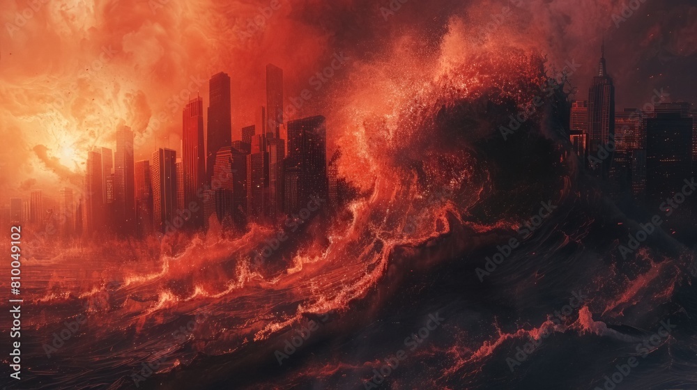 Massive tsunami heading towards urban skyline. Concept of disaster. A towering tsunami wave looms over a coastal city with tall buildings, illustrating the devastating force of nature's fury
