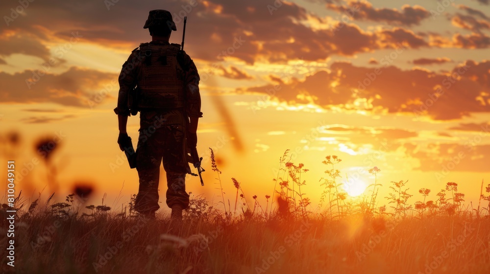 A silhouette of a soldier holding a rifle in a field at sunset. Perfect for military and patriotic themes A silhouette of a soldier holding a rifle in a field at sunset. Perfect for military and patriotic themes