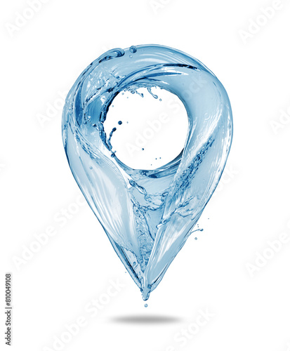 Location symbol made of water isolated on a white background. Water splashes in the shape of a location point