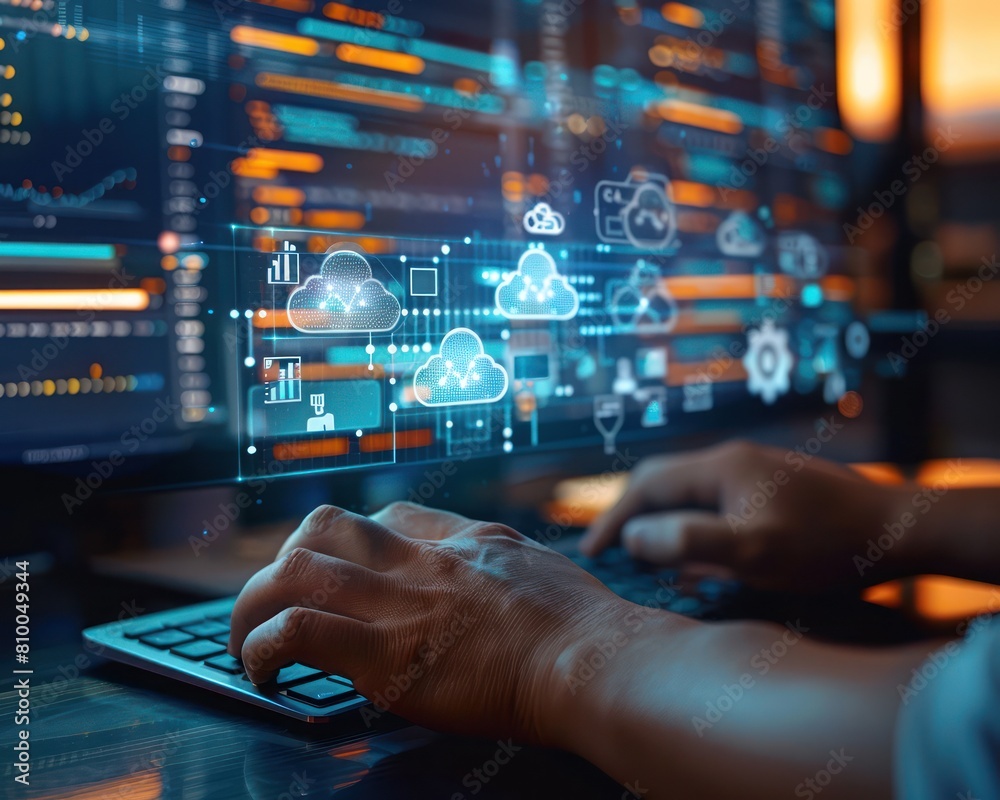 A person is typing on a computer keyboard with a futuristic digital interface showing various cloud computing symbols in the background. A person is typing on a computer keyboard with a futuristic digital interface showing various cloud computing symbols in the background.
