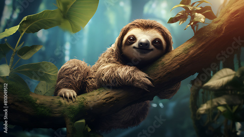 A gentle sloth hanging lazily from a tree branch in the peaceful jungle.