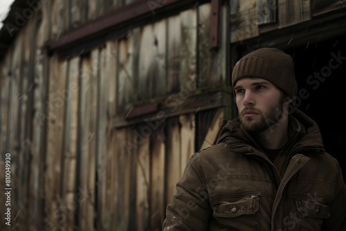 Man in warm clothing posing thoughtfully in front of rustic barn, a serene winter scene with muted tones.

