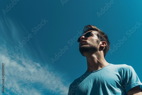 Stylish young man in a blue t-shirt looking upwards, against a clear blue sky with wispy clouds.