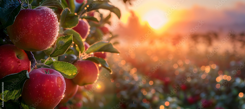 A serene sunrise over a sprawling apple orchard, with dew on the apples reflecting the early morning light A serene sunrise over a sprawling apple orchard, with dew on the apples reflecting the early morning light