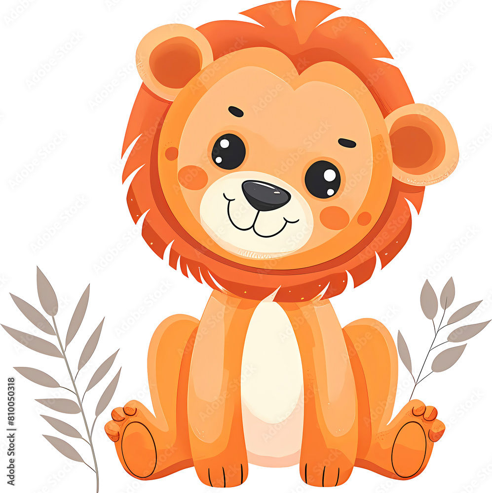 Obraz premium Cute cartoon lion sitting on transparent background. Vector illustration in a flat style.