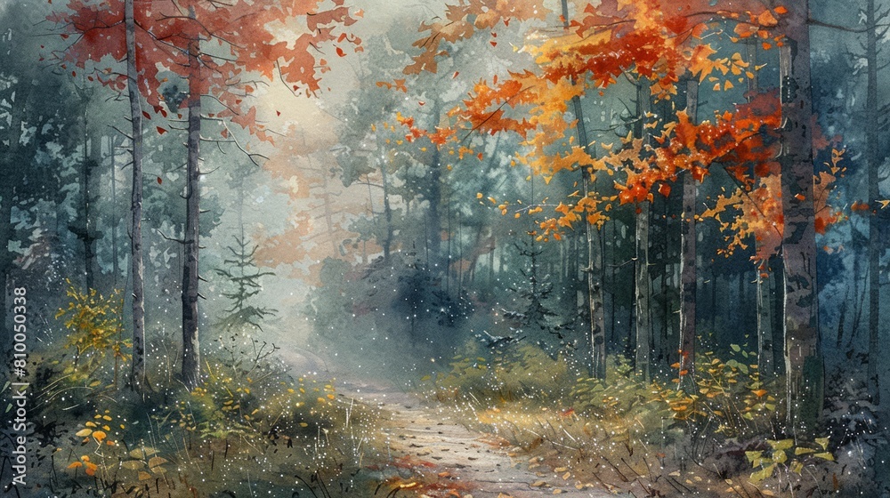 Early morning dew on a forest trail with vibrant autumn colors in a watercolor style