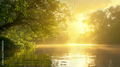 A serene sunrise over a riparian zone with mist hovering over the calm water and lush greenery on the banks photo