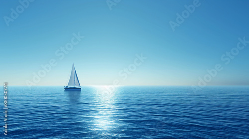 Solitary Sailboat on Vast Blue Ocean, Peaceful Nautical Scene with Copy Space © Olga