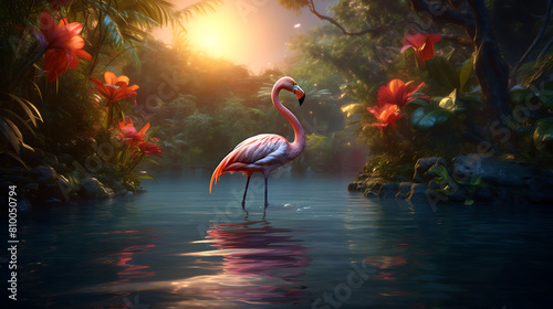 A graceful flamingo wading through the tranquil waters of a jungle lagoon  its elegance captivating.