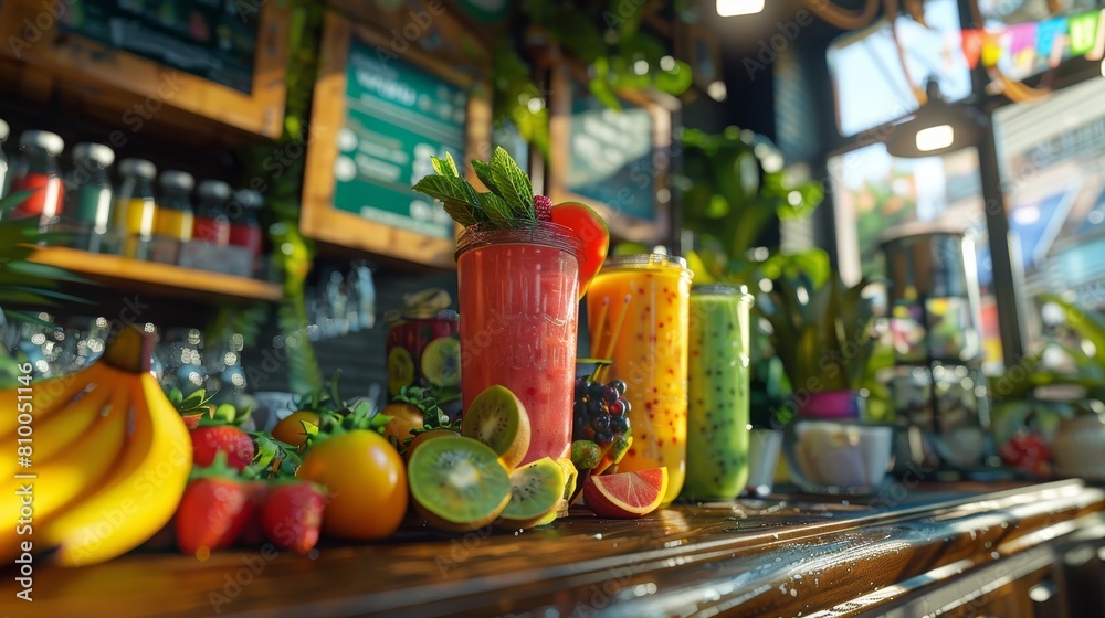 Capture a vibrant, wide-angle view of a bustling juice bar Capture a vibrant, wide-angle view of a bustling juice bar