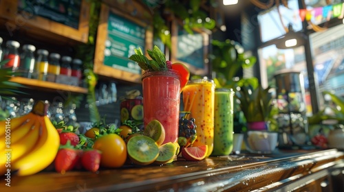 Capture a vibrant  wide-angle view of a bustling juice bar