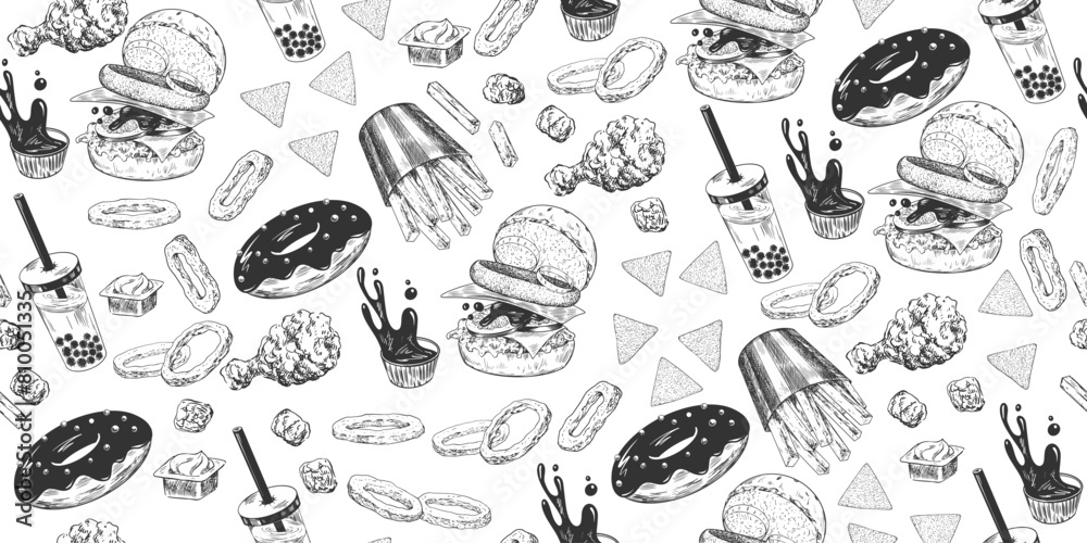 Seamless pattern with fast food. Sketch style french fries, sauce, chicken nuggets, burger, donut, onion rings, bubble tea, chips. Hand drawn collection of street food isolated in white background