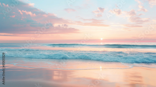 Pastel Sunset Over Gentle Ocean Waves, Serene Coastal Scene © Olga
