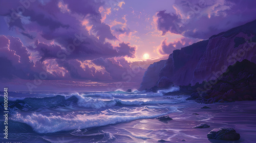 A serene twilight scene at a coastal escarpment, where waves crash against the rocky cliffs under a purpling sky photo