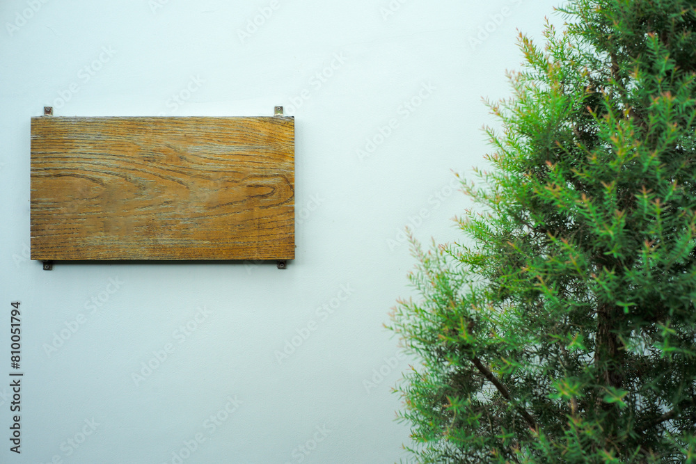 The empty wooden plate for putting some word hanging on the white wall with the tree aside The empty wooden plate for putting some word hanging on the white wall with the tree aside