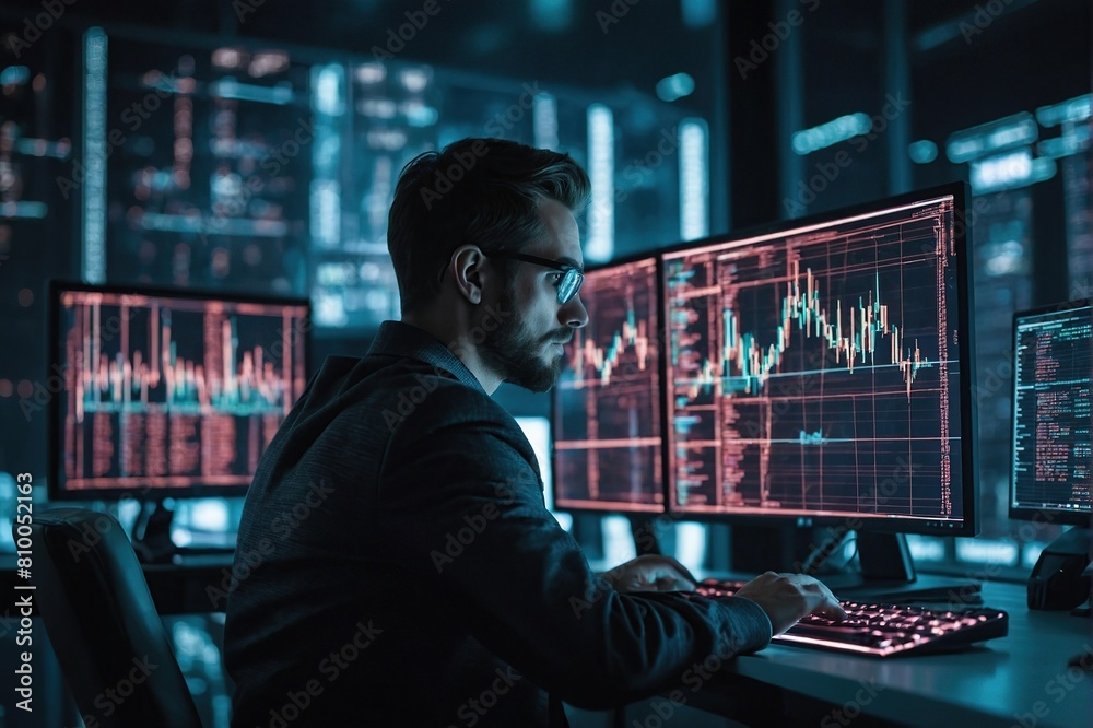 Programming coding and man with focus, hologram and trading with cyber security, futuristic and research. Male person, investor and employee with data analysis, server or investment with website info Programming coding and man with focus, hologram and trading with cyber security, futuristic and research. Male person, investor and employee with data analysis, server or investment with website info