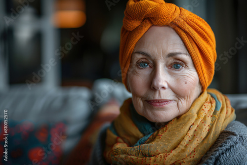 Elderly caucasian woman 65s sick cancer, wearing orange headscarf. House portrait with place for text. National cancer survivors day, world cancer day photo