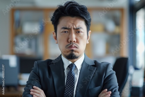 Disappointed Asian Applicant in Bad Job Interview. Businessman with Goatee Expresses Anger photo