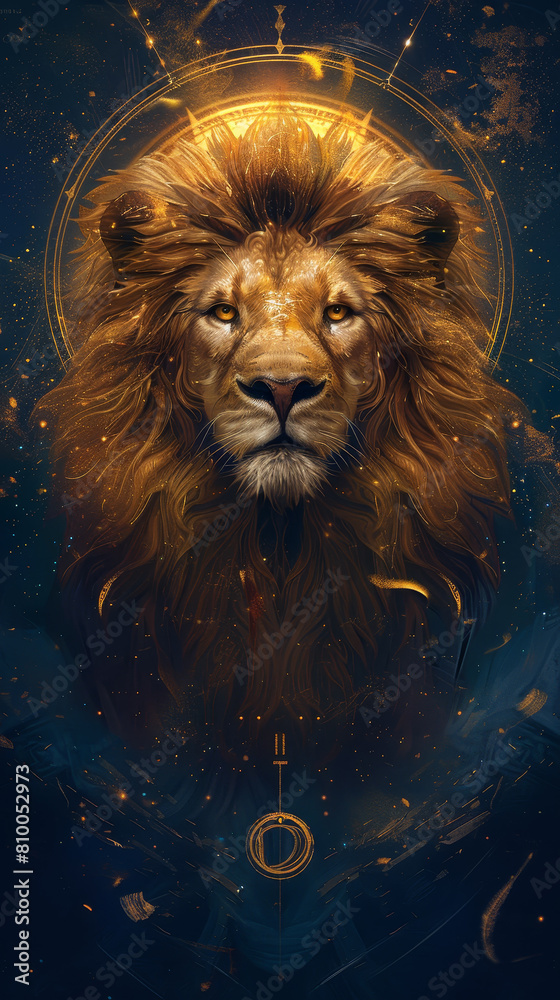 A lion with a golden mane and a golden circle around it A lion with a golden mane and a golden circle around it
