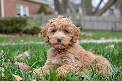 Cute Australian Labradoodle Puppy Relaxing in the Grass on the Yard. Purebred Dog Breed Mix  © Web