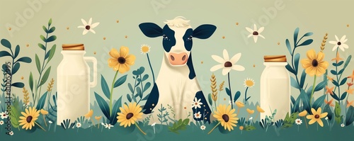 Grazing сow and two bottle of milk in meadow with blooming flowers. For design, print, card, for banner, flyer, advertising. Milk concept. World milk day