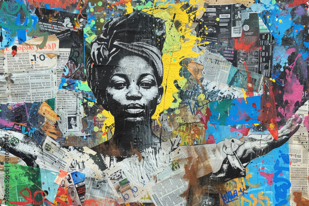 Fototapeta premium A woman is painted on a wall with a newspaper and magazine cutouts