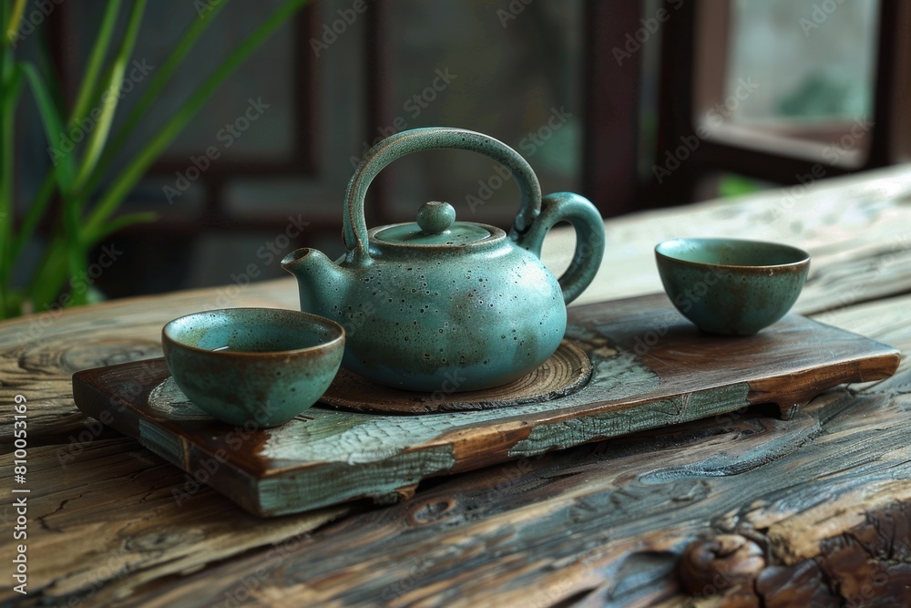 Yixing Teapot and Teacups Set on Wooden Board. Green Tea Ceremony with Antioxidant Yixing Teapot and Teacups Set on Wooden Board. Green Tea Ceremony with Antioxidant