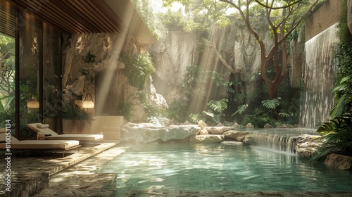 Detail the organic textures and intricate details of a natural spa using an eye-level angle Showcase the interplay of sunlight filtering through tree branches onto smooth river roc photo