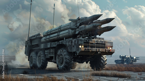 A military vehicle with three rockets on top of it is driving through a field