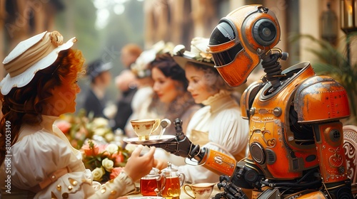 A robot serves tea to a group of Victorian women.